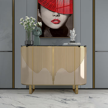 55.1" Modern Champagne Sideboard Buffet Black Faux Marble Top with 4 Doors in Medium